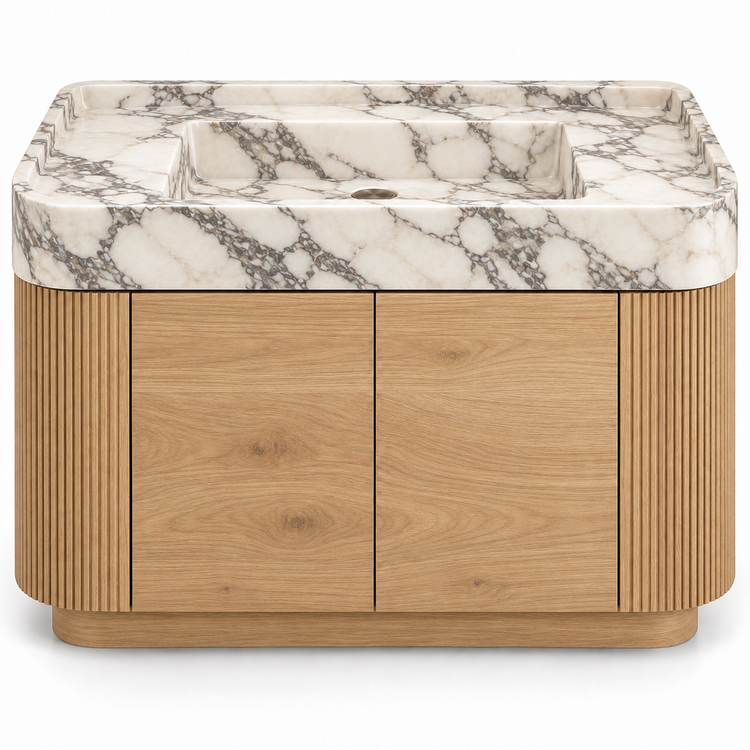 Arabescato integrated sink with curved natural oak vanity and fluted sides, front view