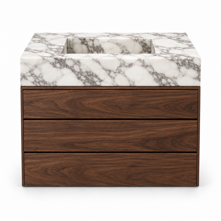 Arabescato integrated stone sink with dark walnut three-drawer vanity, front view