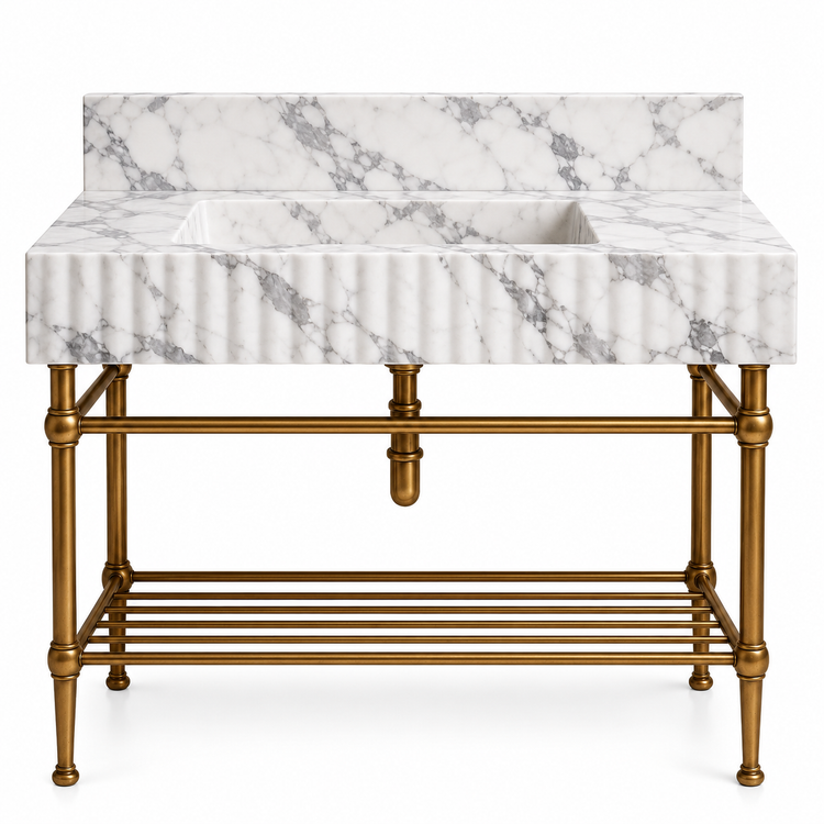 Arabescato fluted console sink, backsplash and brass rack shelf, front view