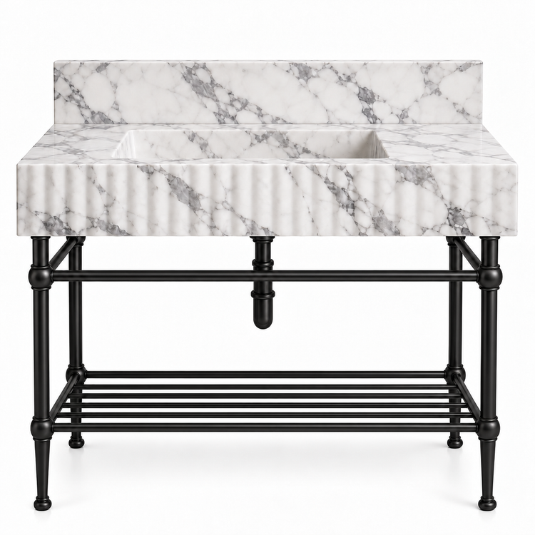 Arabescato fluted sink with matte black console legs and lower shelf, front view
