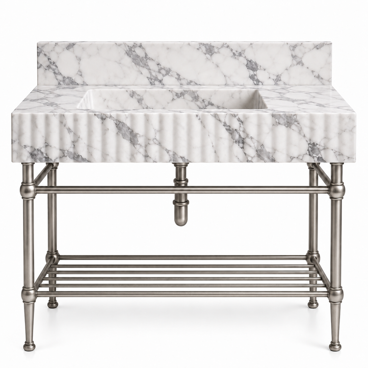 Arabescato fluted console sink in Satin Nickel