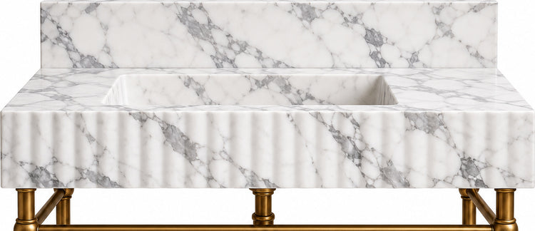 Arabescato Marble Fluted Console Sink with Backsplash and Metal Legs and Rack Shelf - basin and stone apron detail