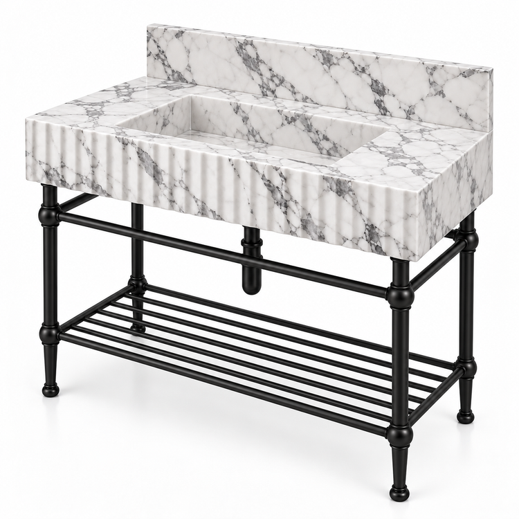 Arabescato Marble Fluted Console Sink with Backsplash and Matte Black Legs, alternate angle on white, design rendering