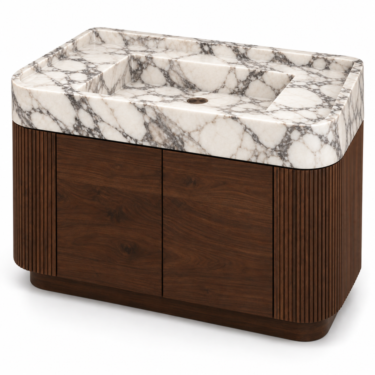 Arabescato Integrated Marble Sink with Curved Dark Walnut Vanity, alternate angle on white, design rendering