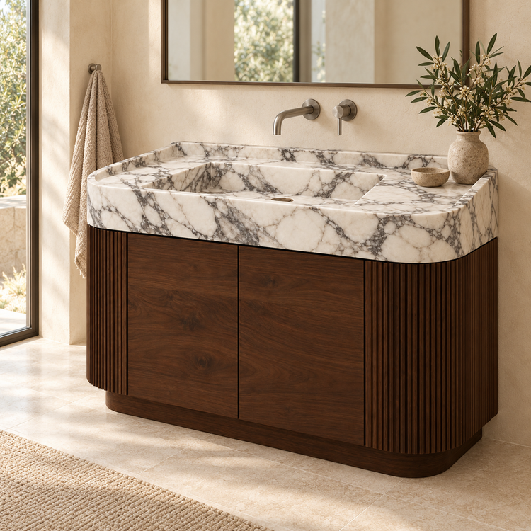 Arabescato Integrated Marble Sink with Curved Dark Walnut Vanity, styled bathroom view, design rendering