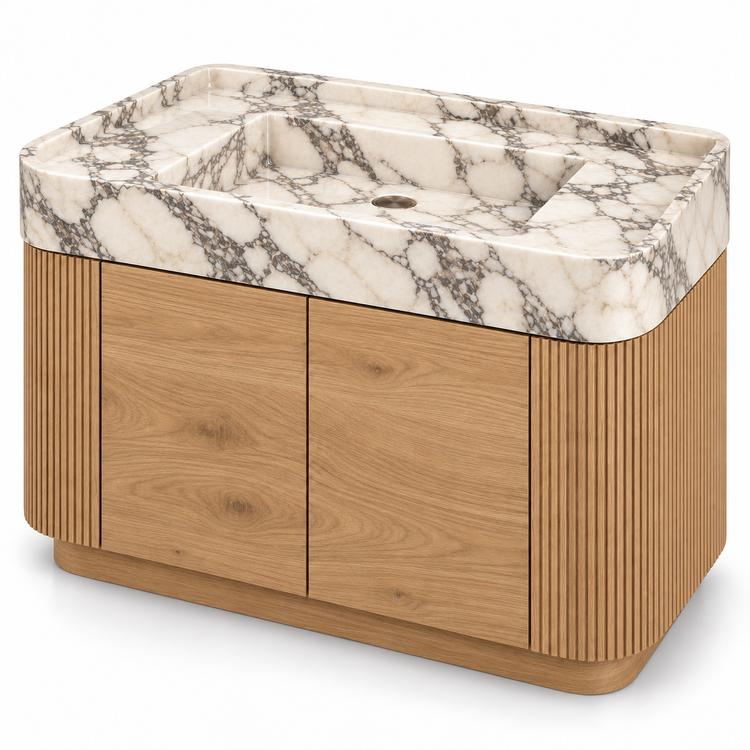 Arabescato Integrated Marble Sink with Curved Oak Vanity, three-quarter view on white, design rendering
