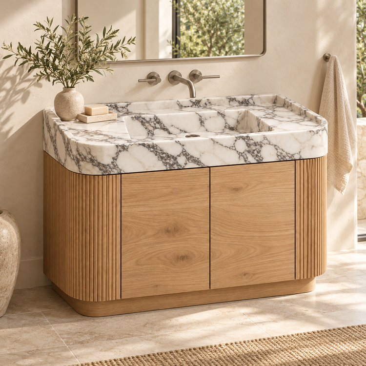 Arabescato Integrated Marble Sink with Curved Oak Vanity, styled bathroom view, design rendering