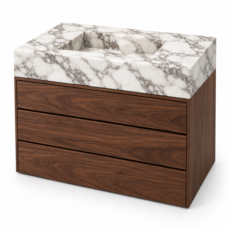 Arabescato Integrated Marble Sink with Three-Drawer Dark Walnut Vanity, three-quarter view on white, design rendering