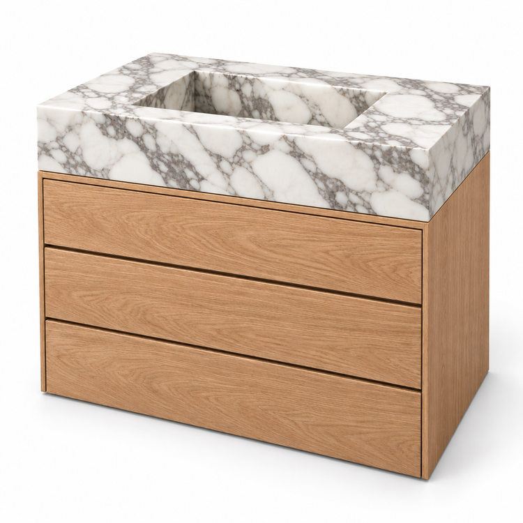 Arabescato Integrated Marble Sink with Three-Drawer Oak Vanity, three-quarter view on white, design rendering