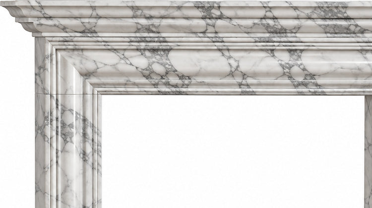 Arabescato Layered Cornice Bolection Marble Fireplace Surround - upper mantel and carved profile detail