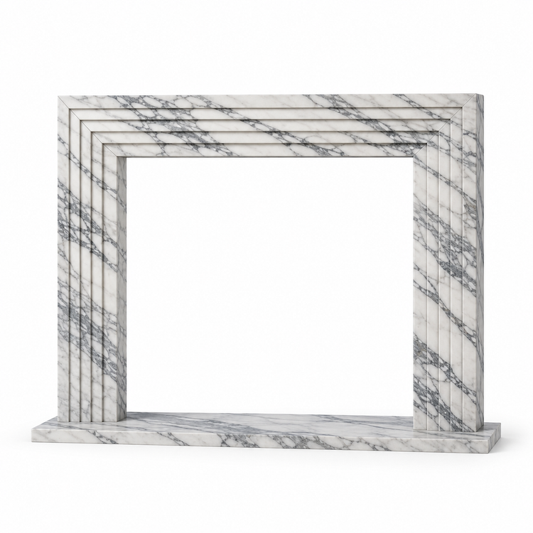 Arabescato Linear Stepped Marble Fireplace Surround with Hearth on white background