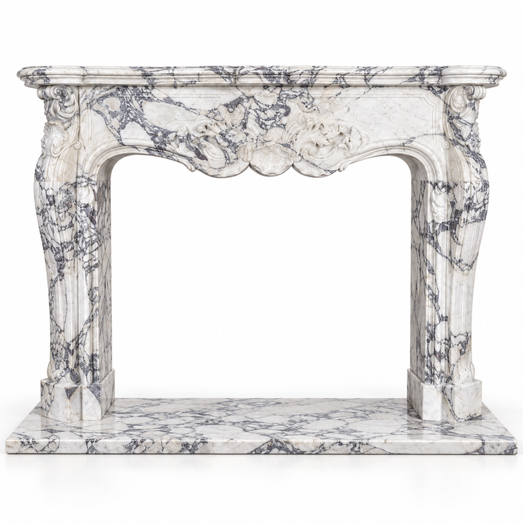 Arabescato Louis XV Carved Marble Fireplace Mantel with Hearth on white background