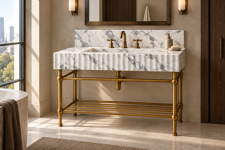 Arabescato Marble Fluted Console Sink with Backsplash and Metal Legs and Rack Shelf, installed room hero, lifestyle design rendering