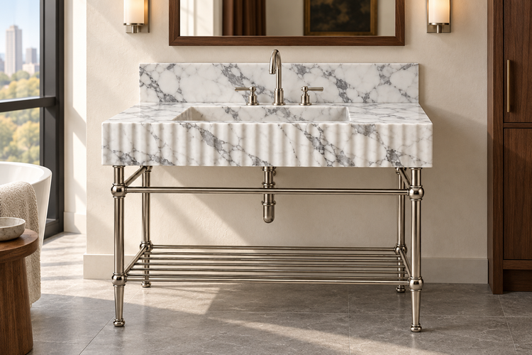 Arabescato Marble Fluted Console Sink with Backsplash and Nickel Legs, installed room hero, lifestyle design rendering