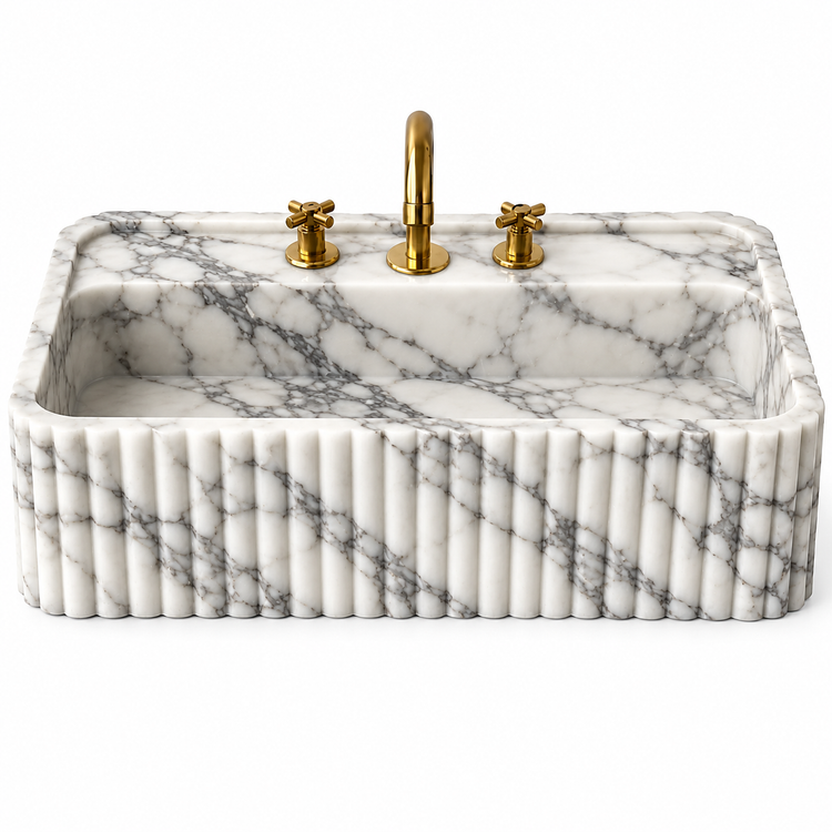 Arabescato Marble rounded fluted bathroom sink, illustrative rendering