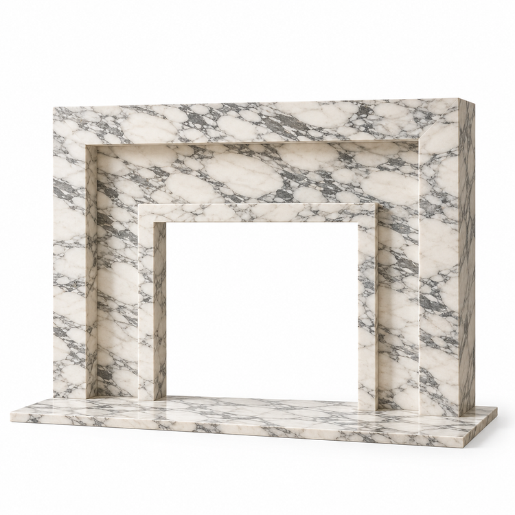 Arabescato Stepped Portal Marble Fireplace Surround with Hearth on white background