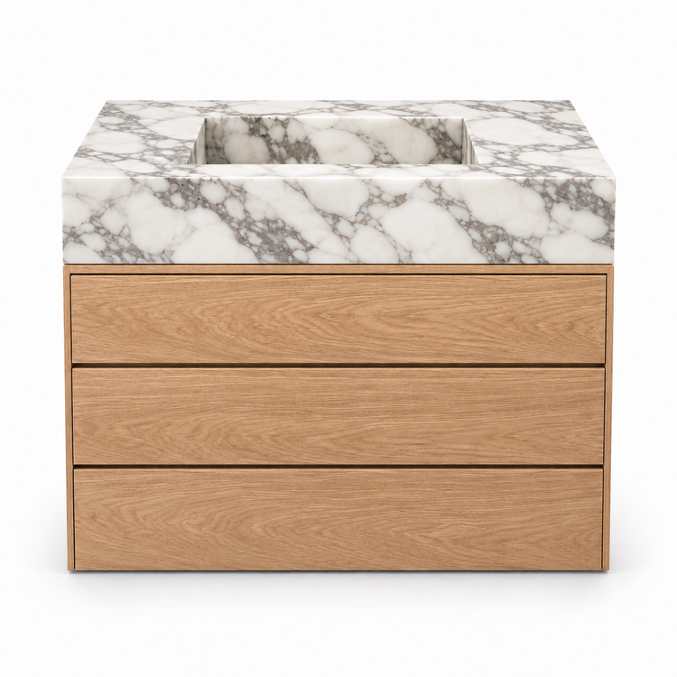 Arabescato integrated sink and oak three-drawer vanity, front view