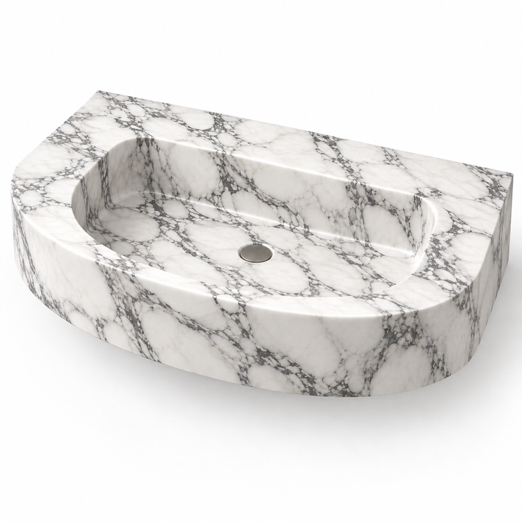 Arc Arabescato Demi-Lune Floating Marble Sink, three-quarter view on white, design rendering