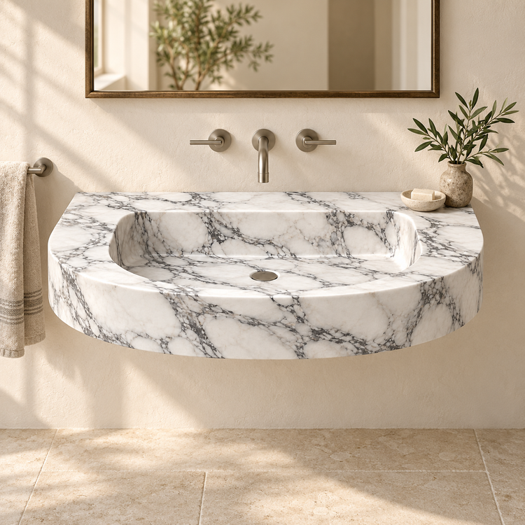 Arc Arabescato Demi-Lune Floating Marble Sink, styled bathroom view, design rendering