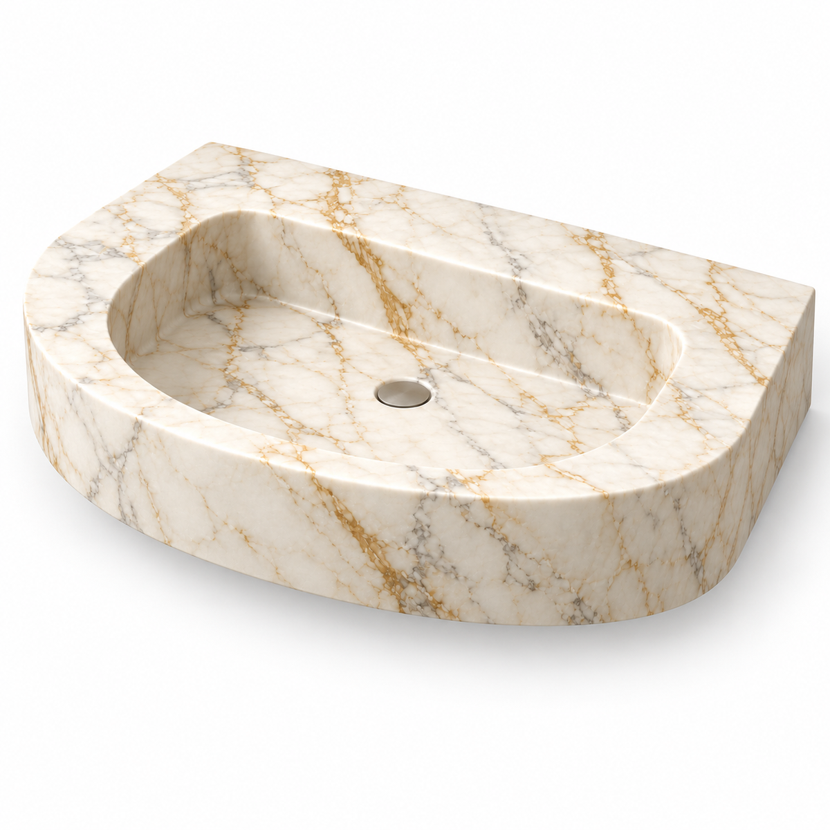 Arc Calacatta Gold Demi-Lune Floating Marble Sink, three-quarter view on white, design rendering