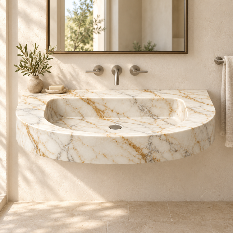 Arc Calacatta Gold Demi-Lune Floating Marble Sink, styled bathroom view, design rendering