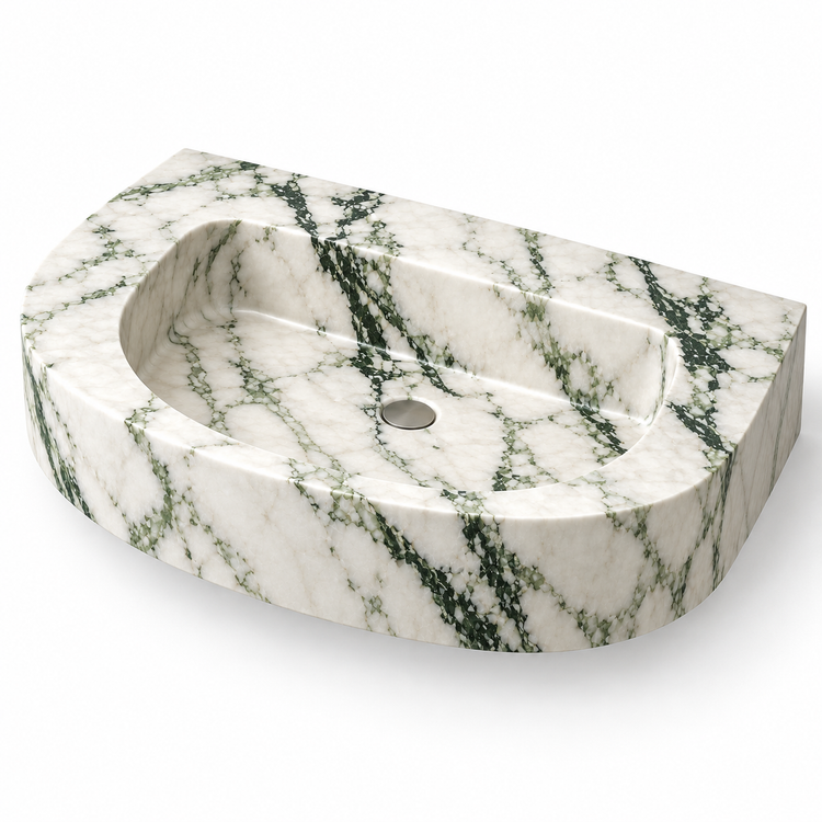 Arc Calacatta Green Demi-Lune Floating Marble Sink, three-quarter view on white, design rendering