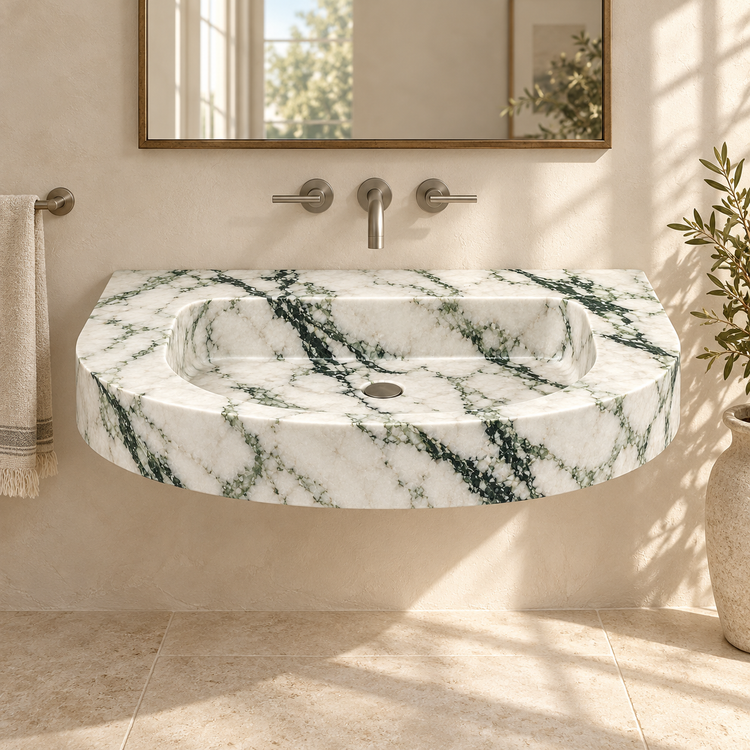 Arc Calacatta Green Demi-Lune Floating Marble Sink, styled bathroom view, design rendering