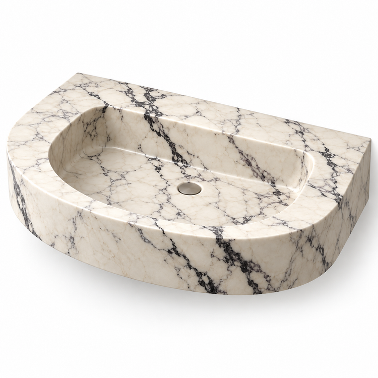 Arc Calacatta Viola Demi-Lune Floating Marble Sink, three-quarter view on white, design rendering