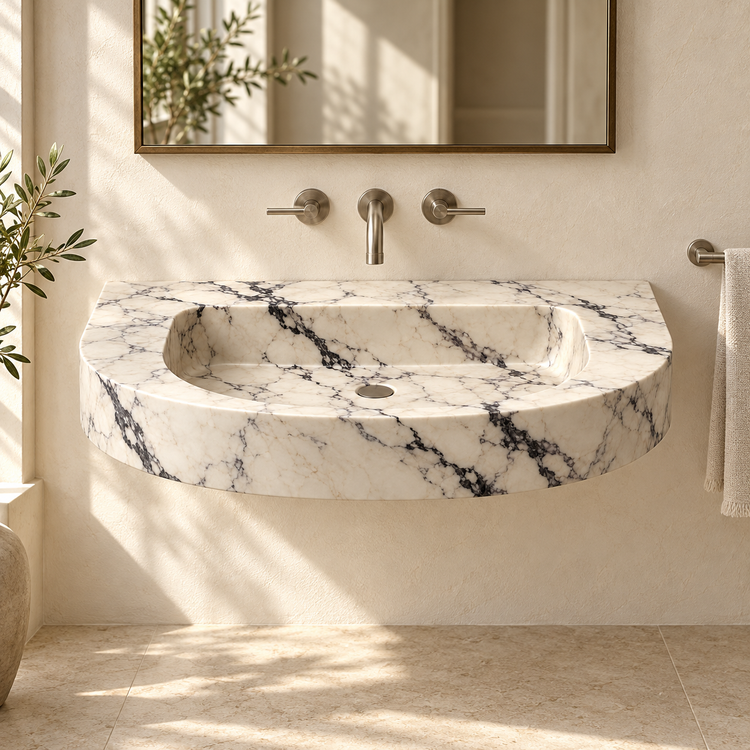 Arc Calacatta Viola Demi-Lune Floating Marble Sink, styled bathroom view, design rendering