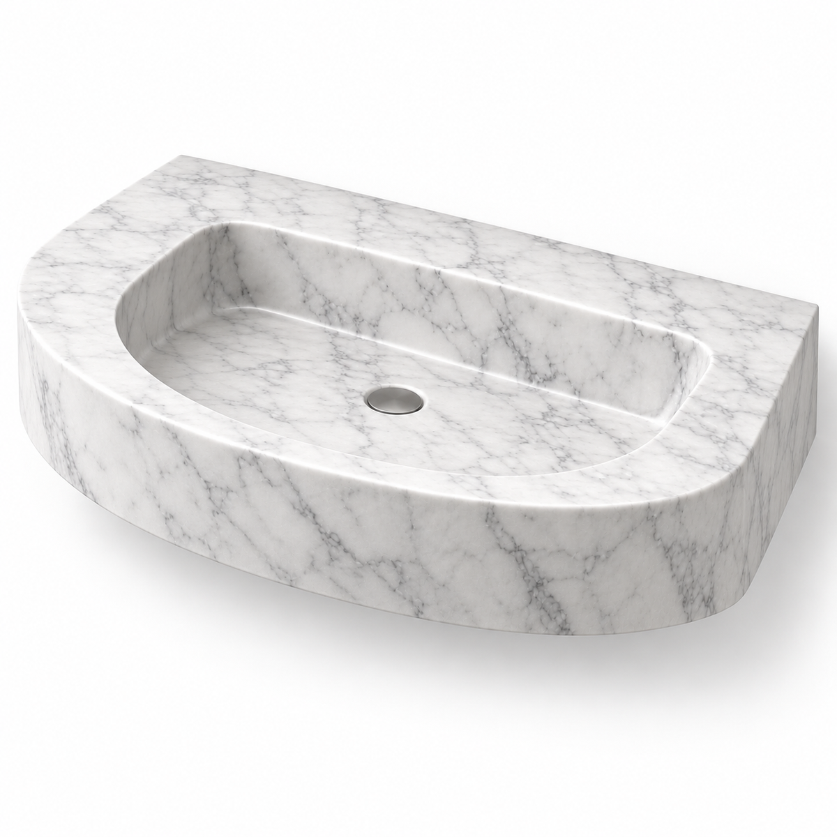 Arc Carrara Demi-Lune Floating Marble Sink, three-quarter view on white, design rendering