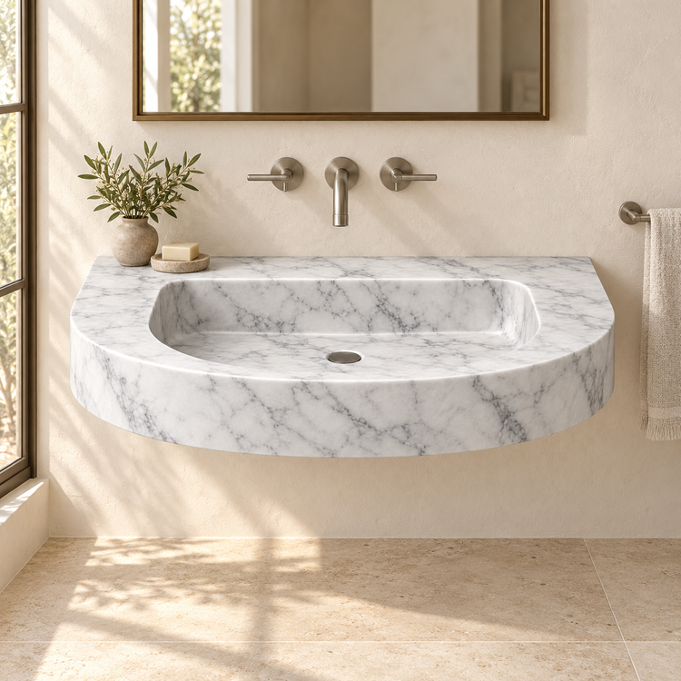 Arc Carrara Demi-Lune Floating Marble Sink, styled bathroom view, design rendering