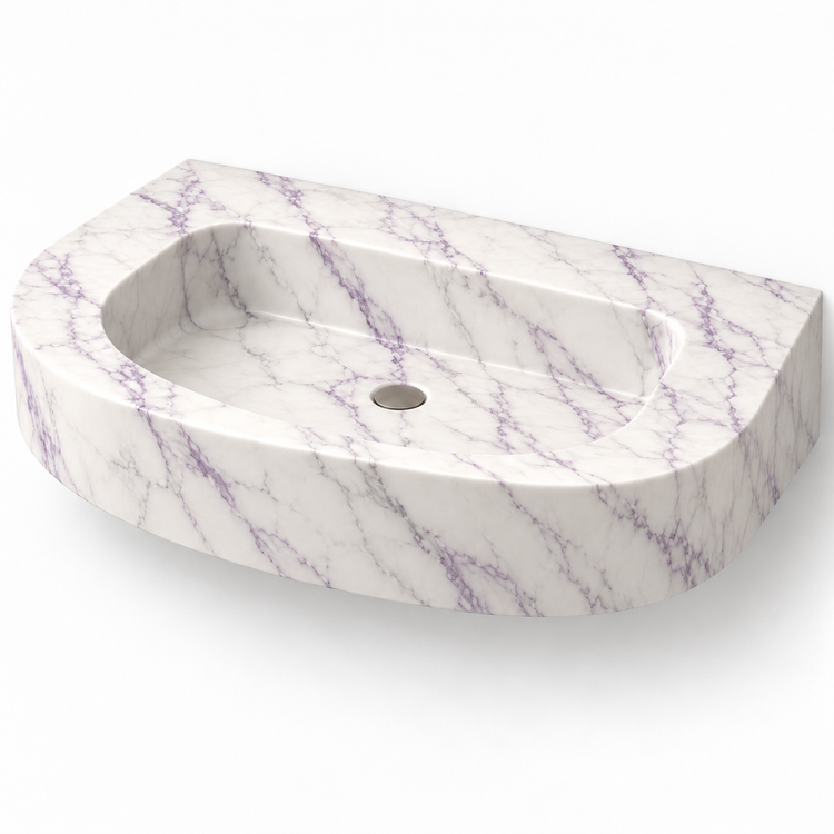 Arc Lilac Demi-Lune Floating Marble Sink, three-quarter view on white, design rendering