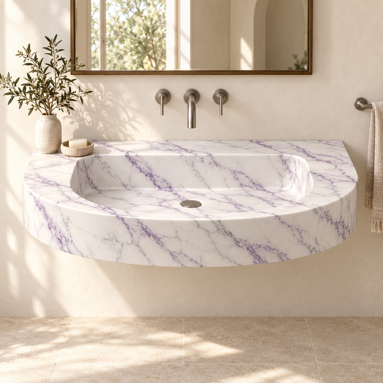 Arc Lilac Demi-Lune Floating Marble Sink, styled bathroom view, design rendering