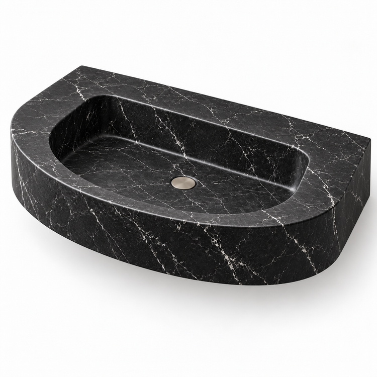 Arc Nero Marquina Demi-Lune Floating Marble Sink, three-quarter view on white, design rendering