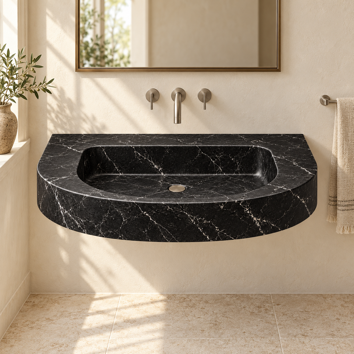 Arc Nero Marquina Demi-Lune Floating Marble Sink, styled bathroom view, design rendering