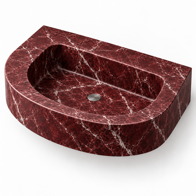 Arc Rosso Levanto Demi-Lune Floating Marble Sink, three-quarter view on white, design rendering
