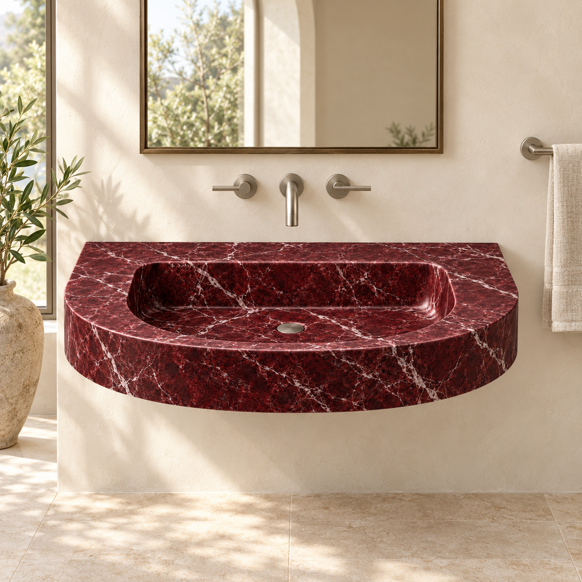 Arc Rosso Levanto Demi-Lune Floating Marble Sink, styled bathroom view, design rendering