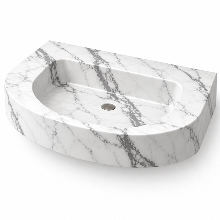 Arc Statuario Demi-Lune Floating Marble Sink, three-quarter view on white, design rendering