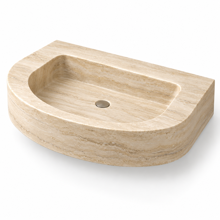 Arc Travertine Demi-Lune Floating Stone Sink, three-quarter view on white, design rendering