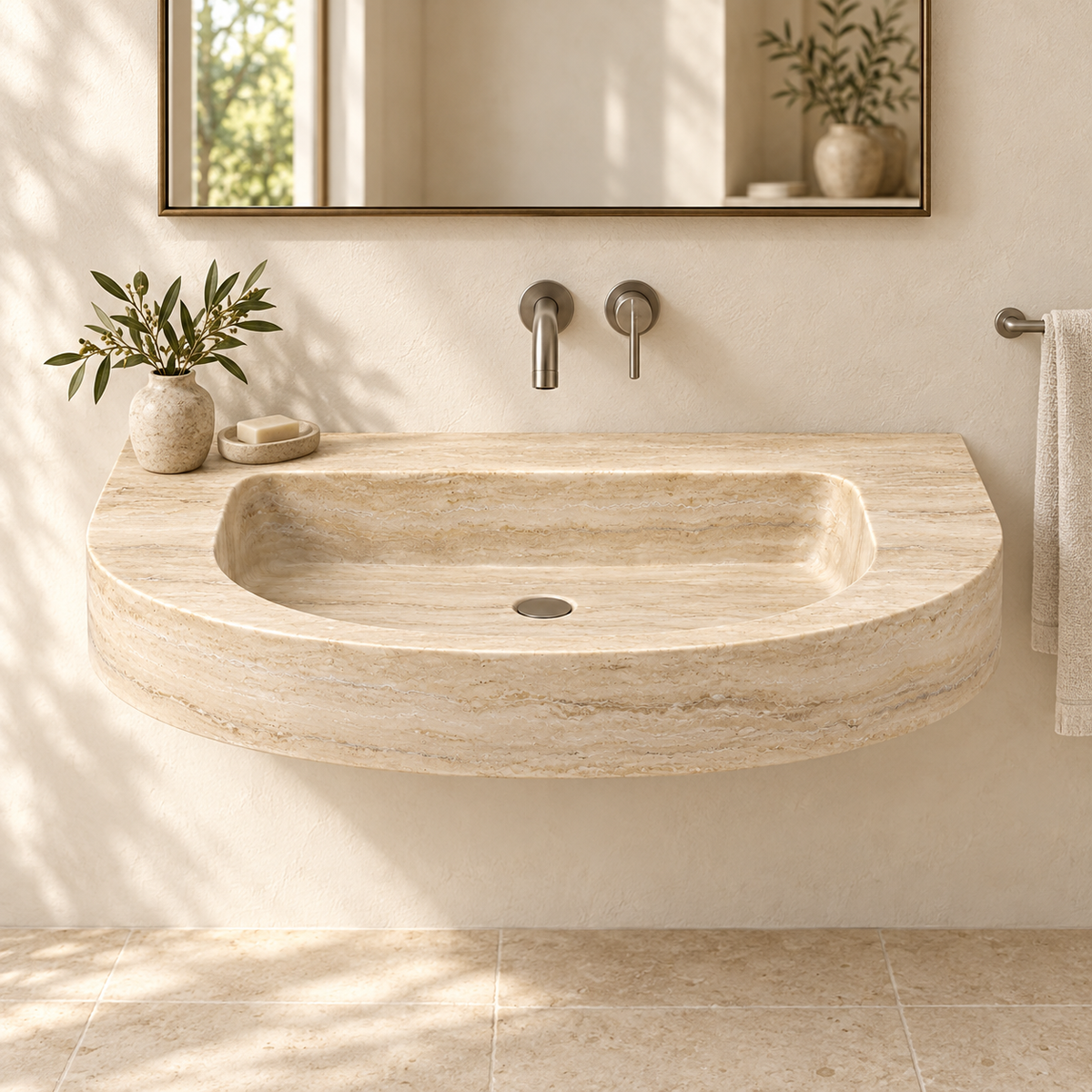 Arc Travertine Demi-Lune Floating Stone Sink, styled bathroom view, design rendering