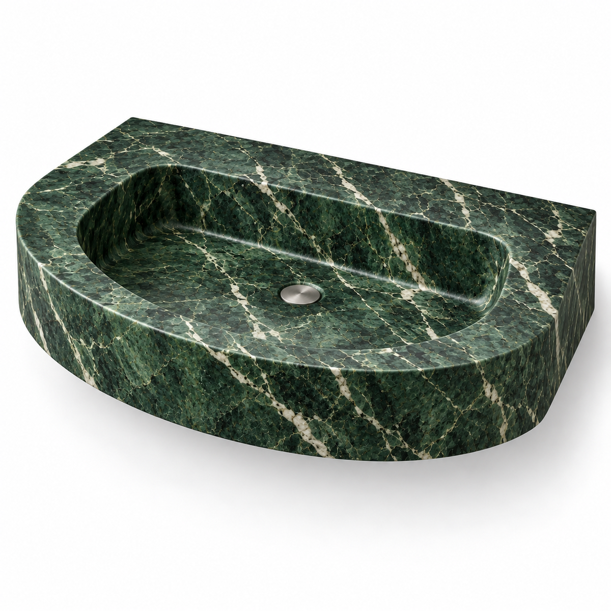 Arc Verde Alpi Demi-Lune Floating Marble Sink, three-quarter view on white, design rendering