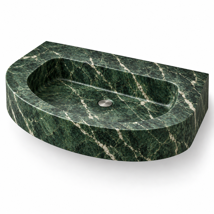 Arc Verde Alpi Demi-Lune Floating Marble Sink, three-quarter view on white, design rendering