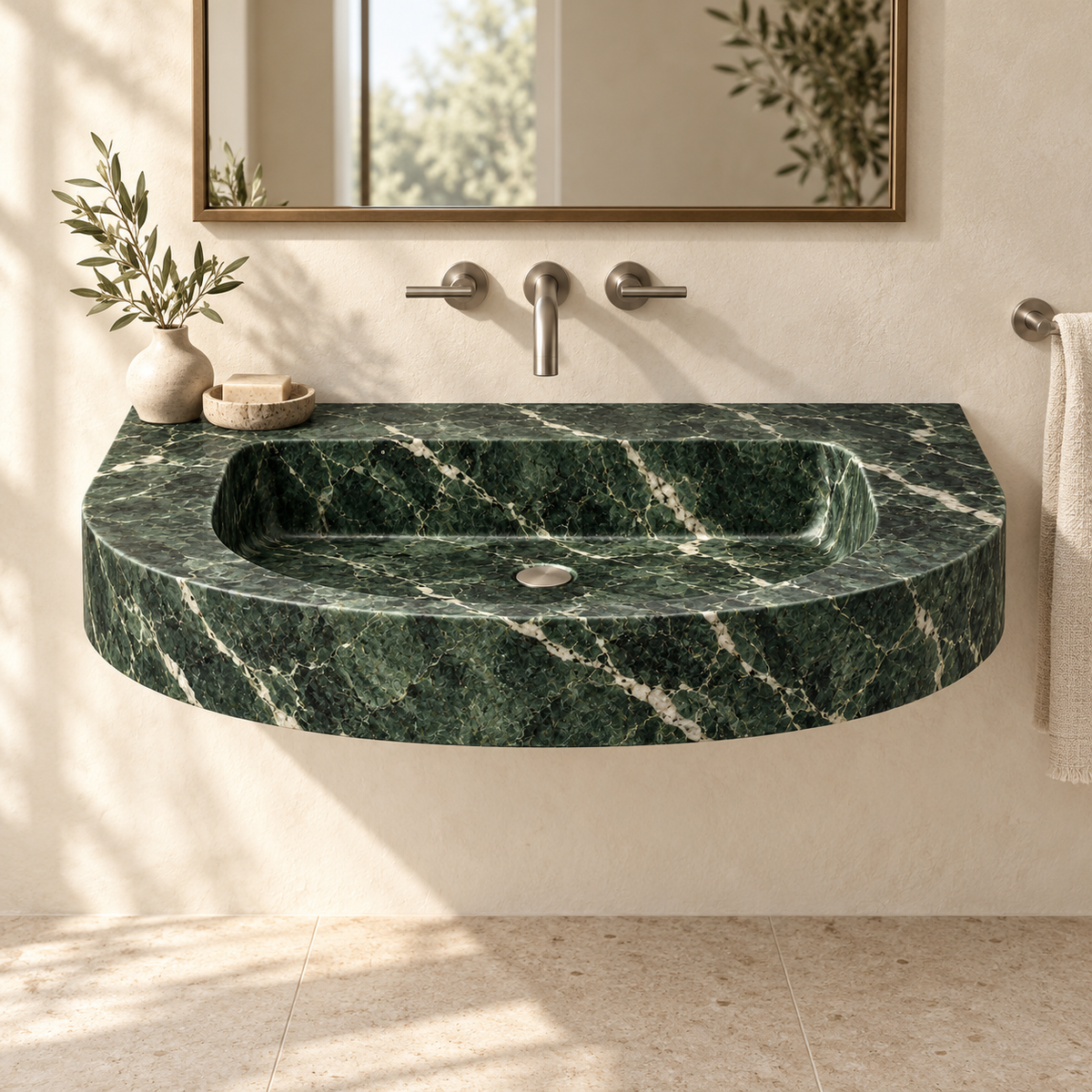 Arc Verde Alpi Demi-Lune Floating Marble Sink, styled bathroom view, design rendering