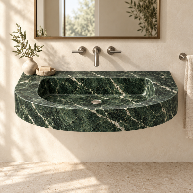 Arc Verde Alpi Demi-Lune Floating Marble Sink, styled bathroom view, design rendering