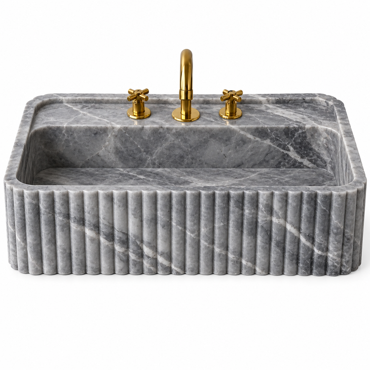 Bardiglio Gray Marble rounded fluted bathroom sink, illustrative rendering