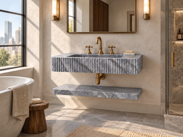 Bardiglio Grey Marble Floating Sink with Shelf, installed room view (design rendering)
