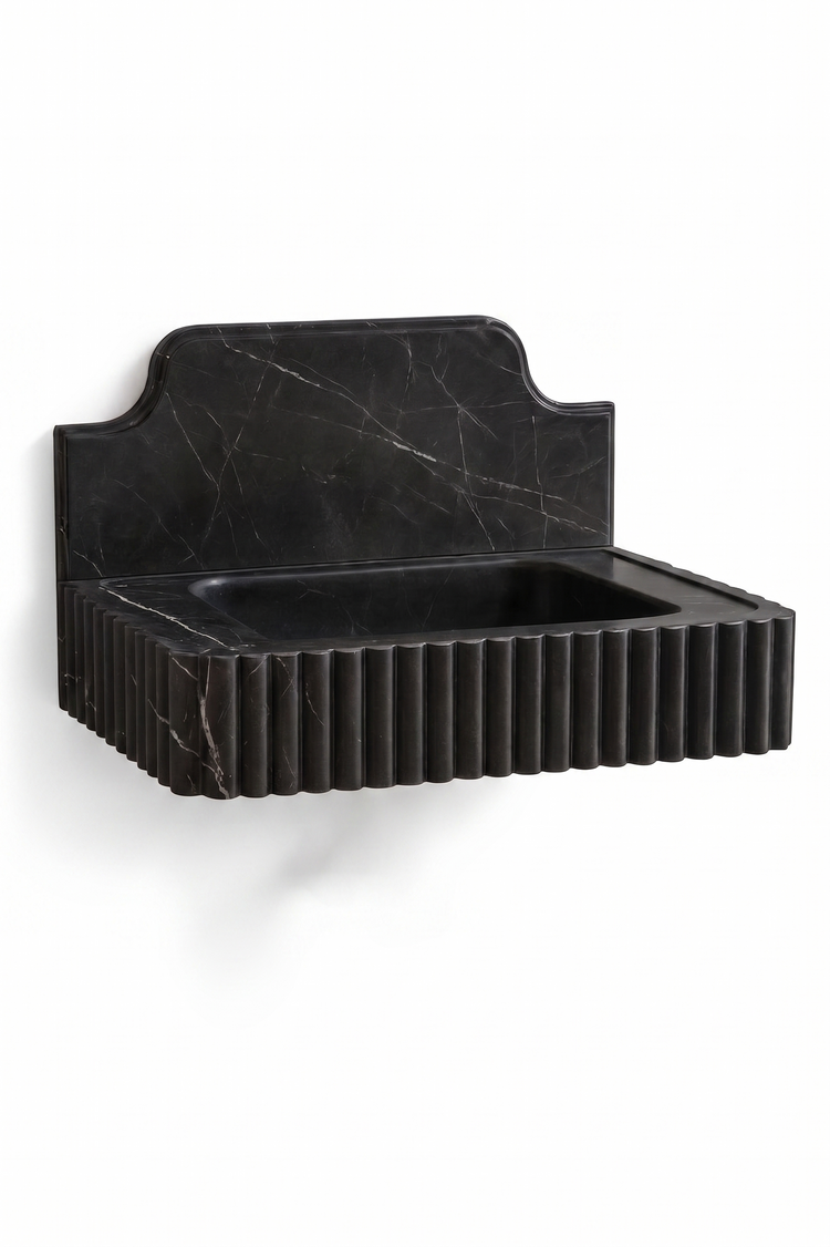 Floating Nero Marquina Black Marble Sink with Backsplash by Vero Marble