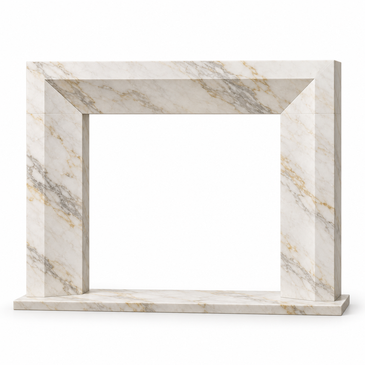 Calacatta Gold Chamfered Frame Marble Fireplace Surround with Hearth on white background