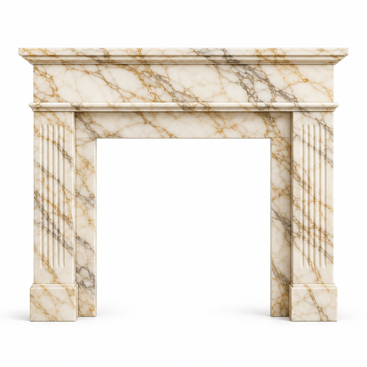 Calacatta Gold classic fluted marble fireplace mantel on white background