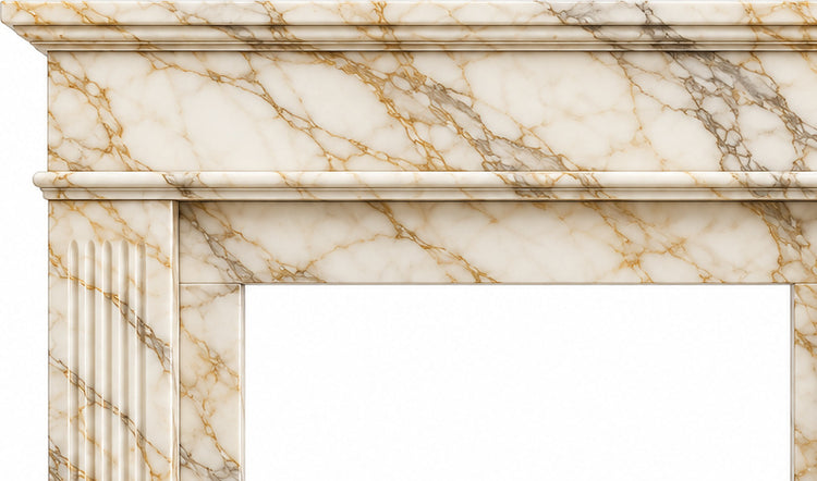 Calacatta Gold Classic Fluted Marble Fireplace Mantel - upper mantel and carved profile detail